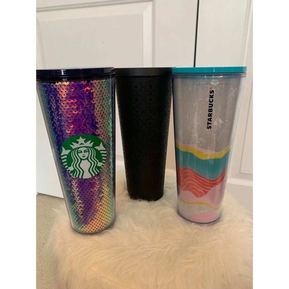 Bundle Of 3 Vintage Starbucks Tumblers- Matte Black, Iridescent,  And Pastel Wav